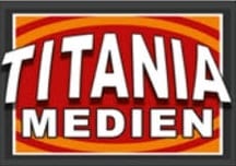 Titania Medien logo: white text on red and orange background.