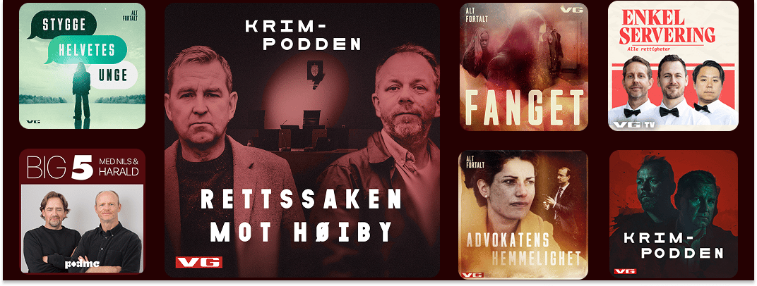 Seven Norwegian podcast covers from VG, featuring true crime and interview shows.