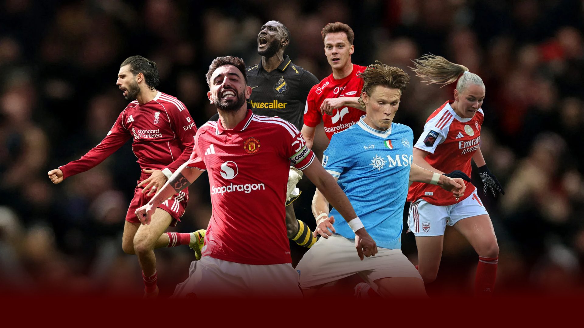 Collage of diverse male and female football players in action, wearing various club jerseys.