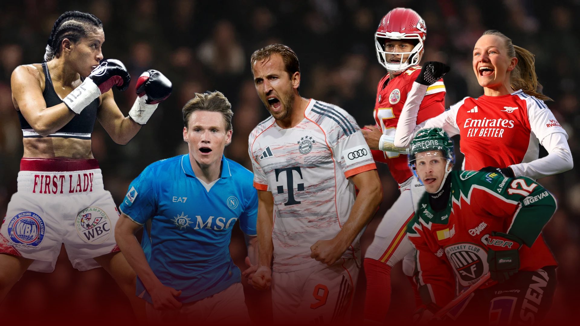 Collage of diverse athletes: boxer, soccer players, American football, and ice hockey player.
