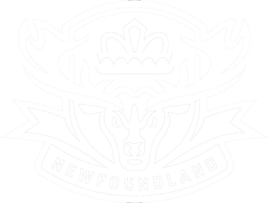 White logo featuring a moose head with antlers, a crown, and a banner saying "NEWFOUNDLAND".