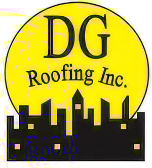 DG Roofing Inc. logo with a prominent yellow circle, black text, and a city skyline silhouette below.