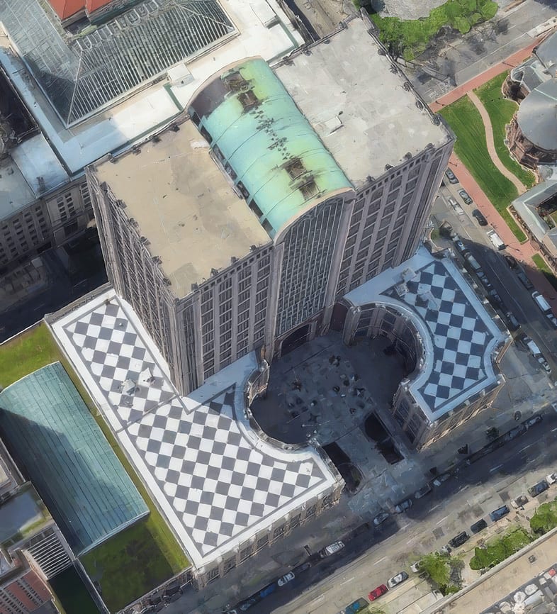 Aerial view of a building complex with a green curved roof and checkered rooftops around a courtyard.