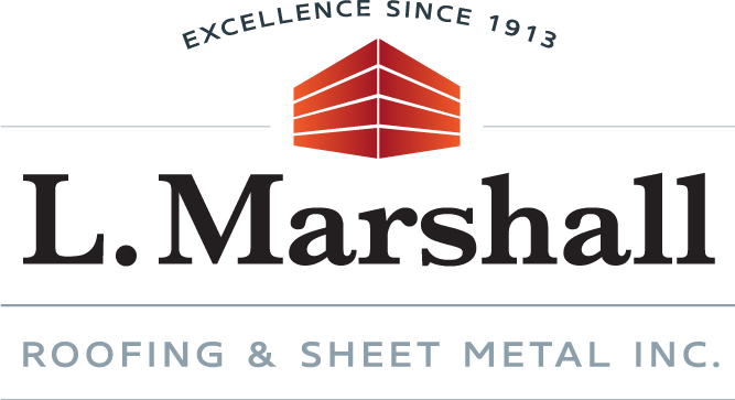 Logo for L. Marshall Roofing & Sheet Metal Inc., featuring a red stylized building and "Excellence Since 1913".