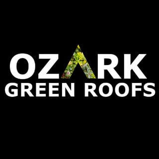 Logo for Ozark Green Roofs with white text on a black background, featuring green foliage inside the 'A' of Ozark.