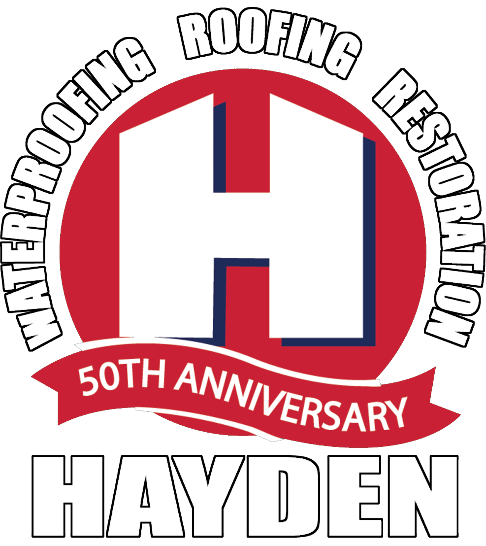 Logo for Hayden, featuring a red circle with a white 'H', surrounded by 'Waterproofing, Roofing, Restoration', a '50th Anniversary' banner, and 'Hayden' text.