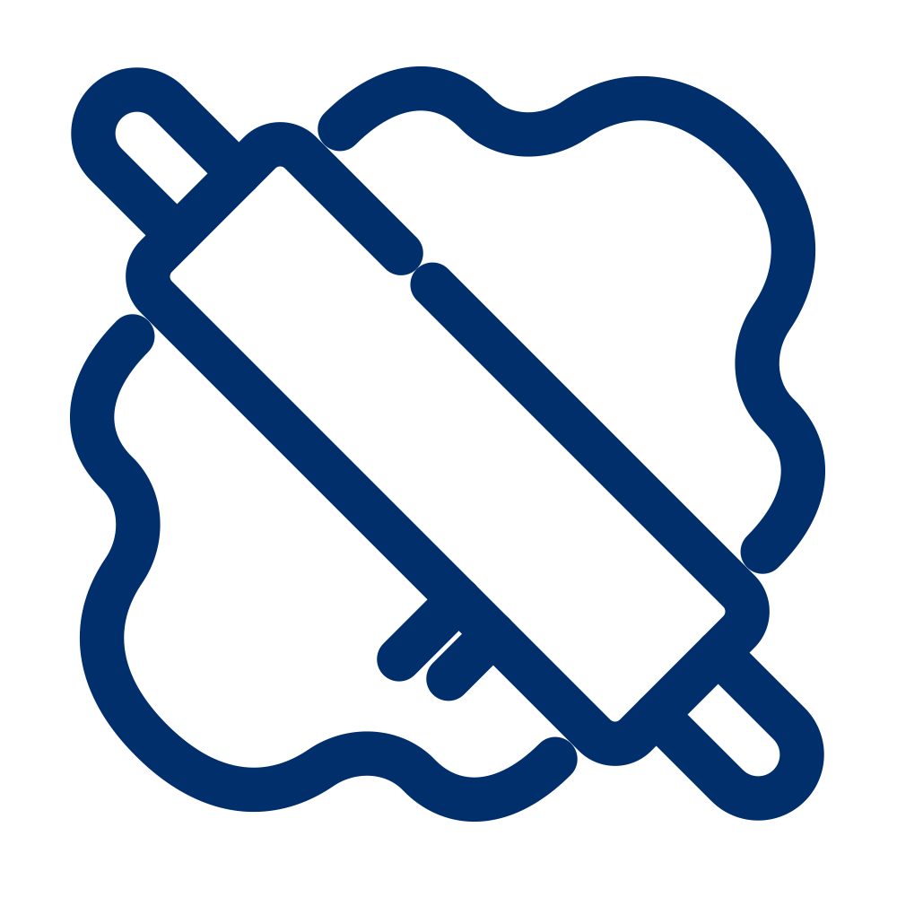 An outline icon of a rolling pin pressing down on a blob of dough, indicating baking or cooking.