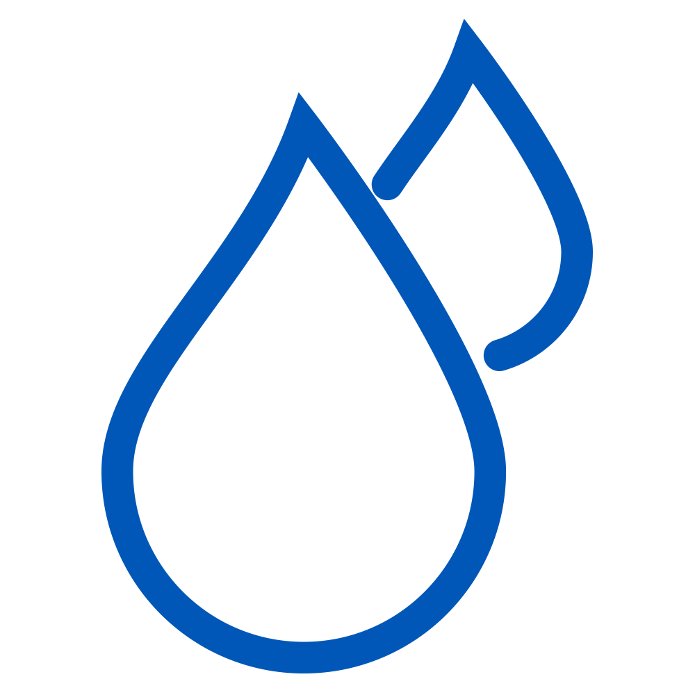 Two blue water droplets, one large and one smaller, on a dark green background.