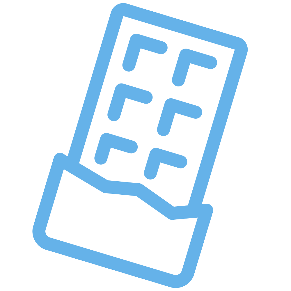 Light blue outline icon of a chocolate bar partially unwrapped, showing its segmented squares.