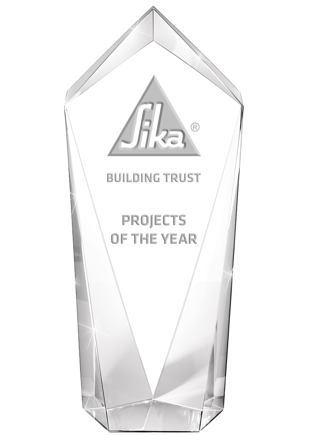 A crystal award with 'Sika', 'BUILDING TRUST', and 'PROJECTS OF THE YEAR' engraved.