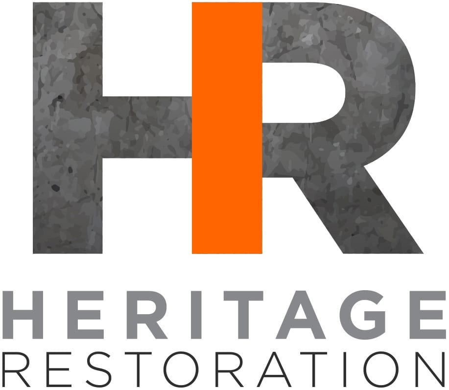 Logo for Heritage Restoration featuring stylized grey 'HR' letters with an orange vertical bar and company name below.