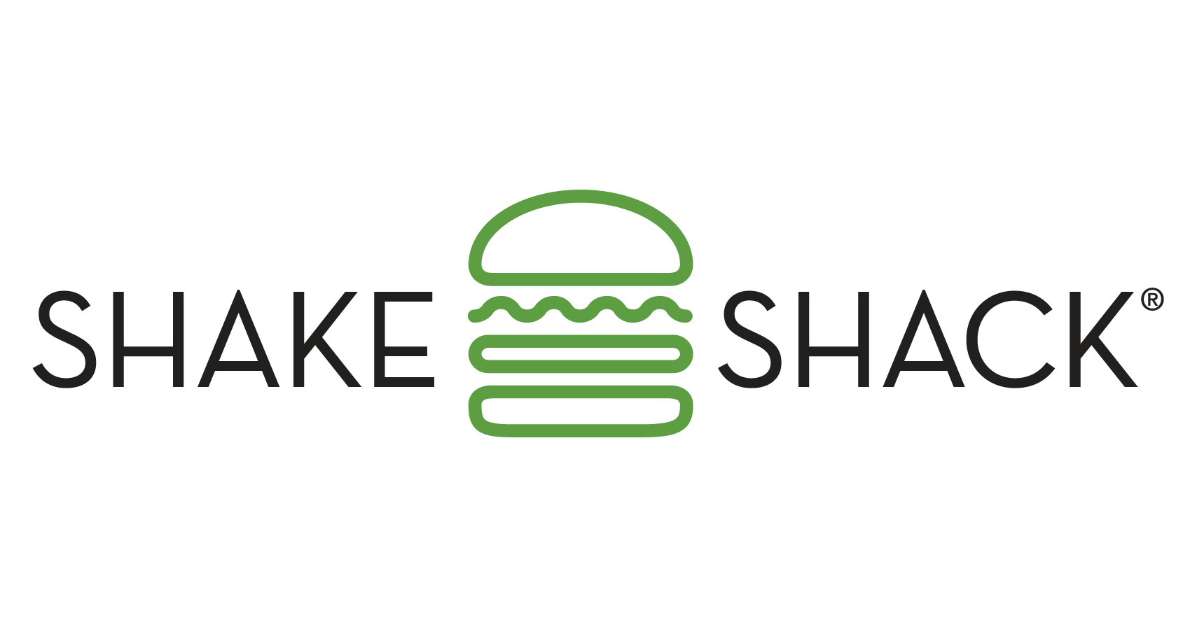 The Shake Shack logo, featuring its name and an outline of a hamburger in green on a dark green background.
