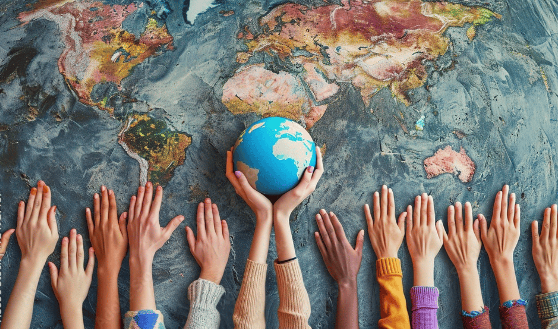 Diverse hands, some holding a globe, against a world map, symbolizing global unity and care for Earth.