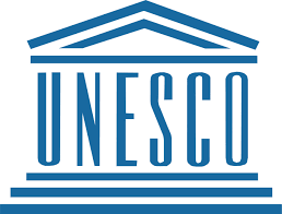 Blue UNESCO logo with stylized temple design.