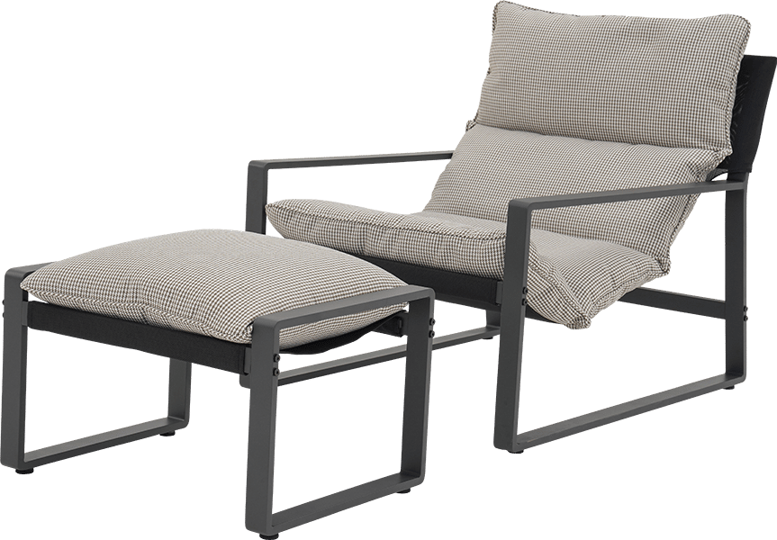 Modern grey metal armchair and matching ottoman with light houndstooth cushions.