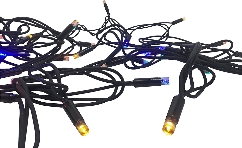 Tangled black string lights with glowing yellow and blue bulbs.