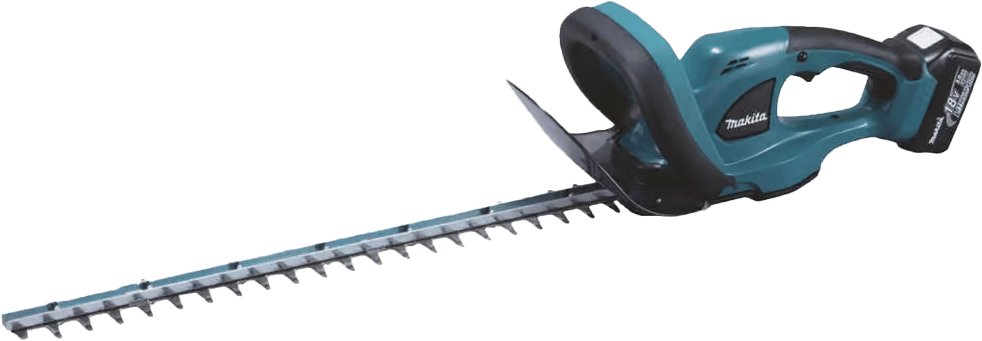 A teal Makita cordless hedge trimmer with a long blade and 18V battery.