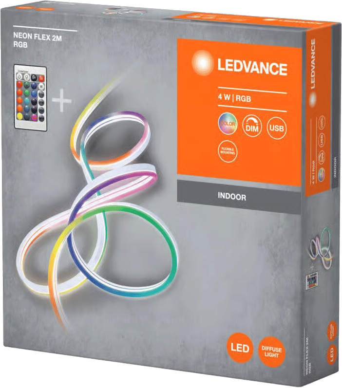 LEDVANCE Neon Flex 2M RGB light strip box, showing coiled light, remote, and 4W, USB features.