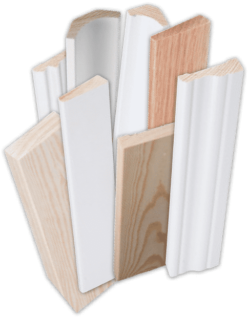 Various wood and white trim moldings, showing different profiles.