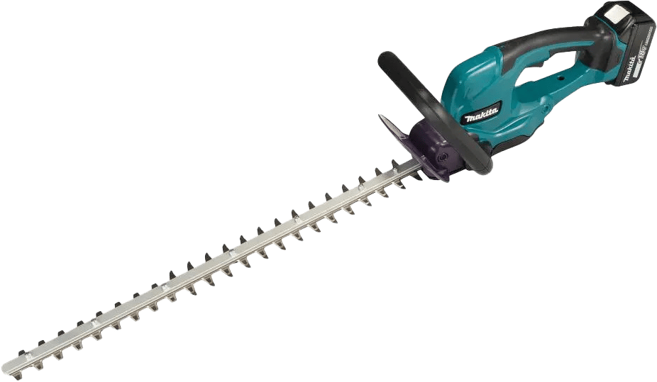 A teal and black Makita cordless hedge trimmer with a long, serrated blade.