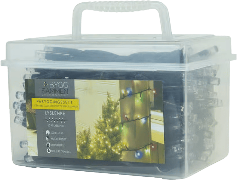 BYGG SAMMEN add-on light string (10m, 100 multicolor LEDs, outdoor) in clear box.