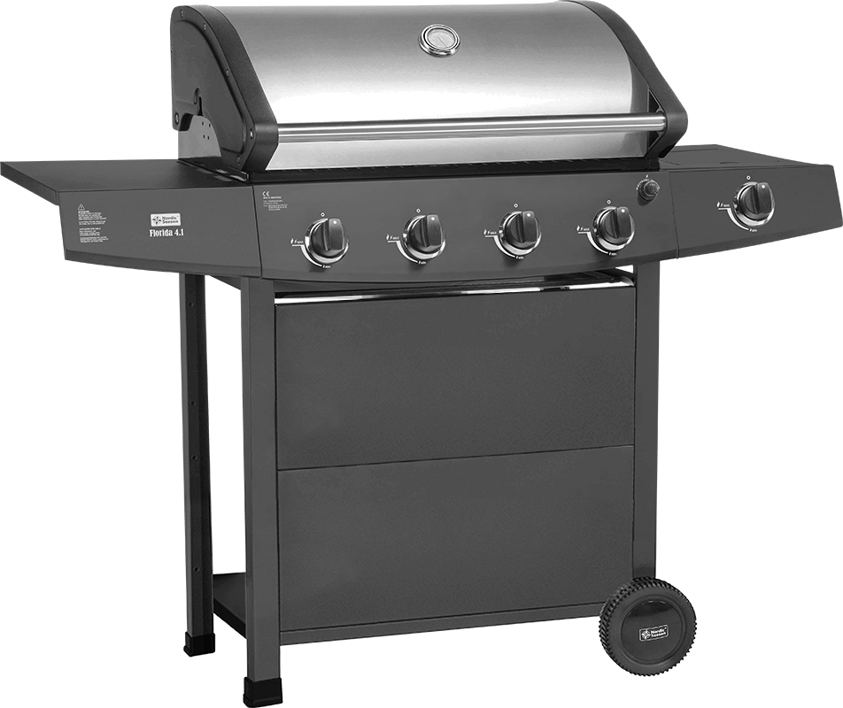 Dark grey gas grill with stainless steel lid, control knobs, side tables, and wheels.