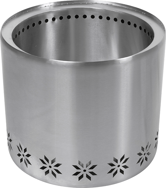 Stainless steel fire pit with top vents and snowflake-patterned base.