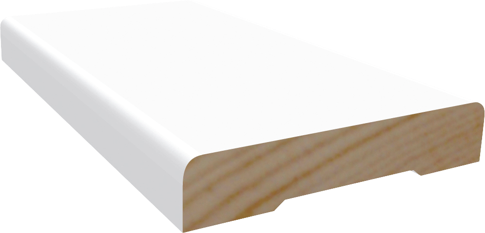 White trim with rounded edge, showing wood grain inside.