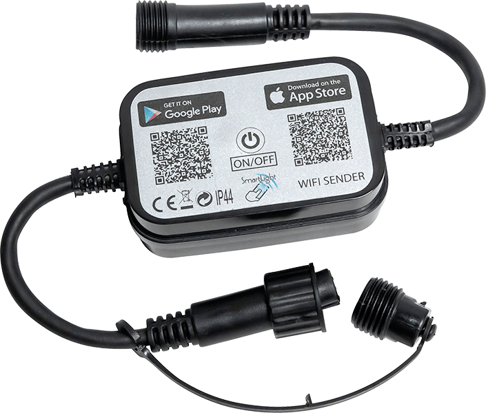 Black SmartLight WiFi sender device with app store QR codes, ON/OFF button, IP44 rating, and cables.