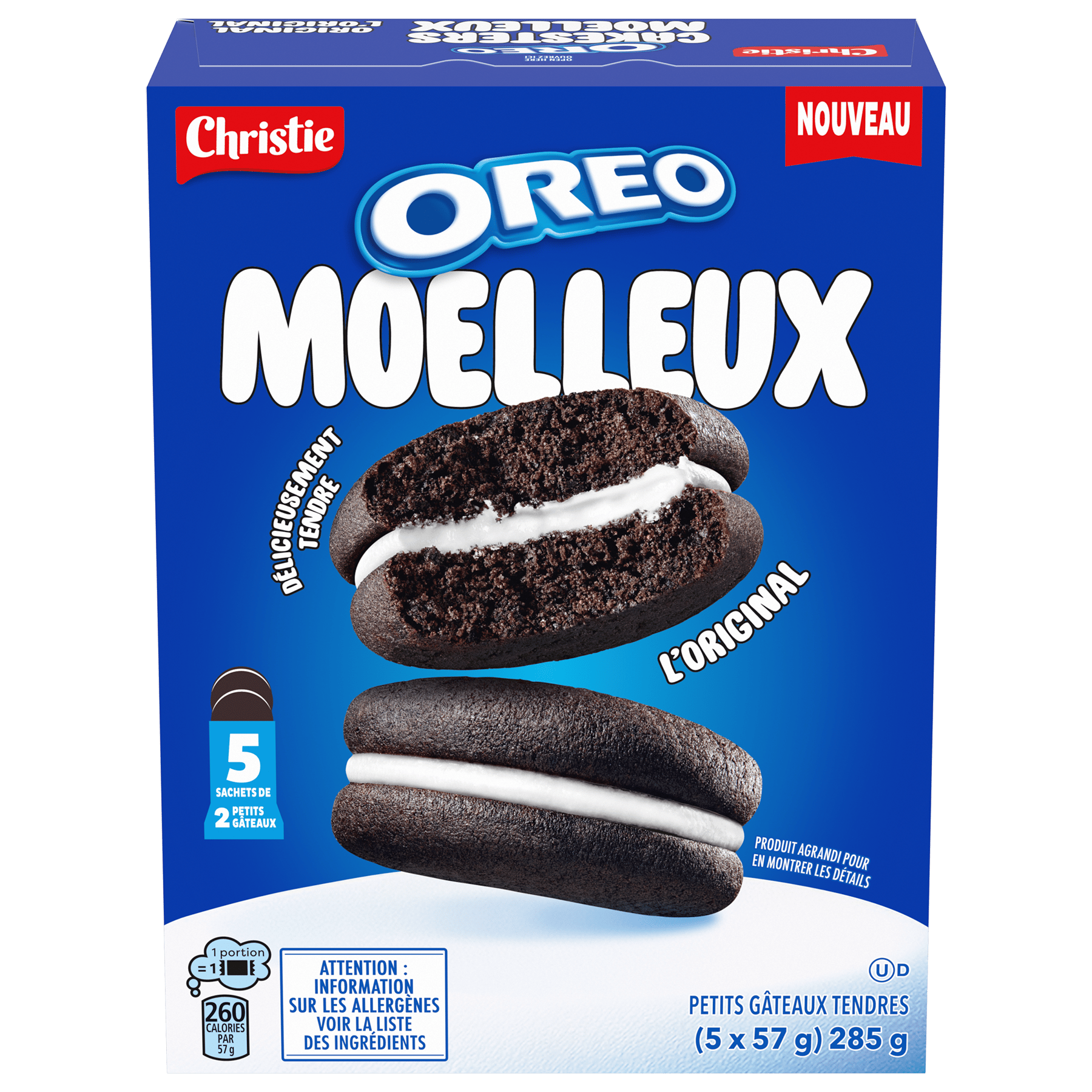 Blue box of Christie Oreo Moelleux soft cakes, showing two cakes.