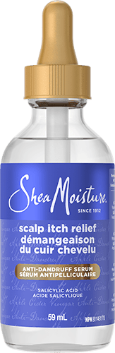 Shea Moisture Scalp Itch Relief Anti-Dandruff Serum with Salicylic Acid in a clear bottle.