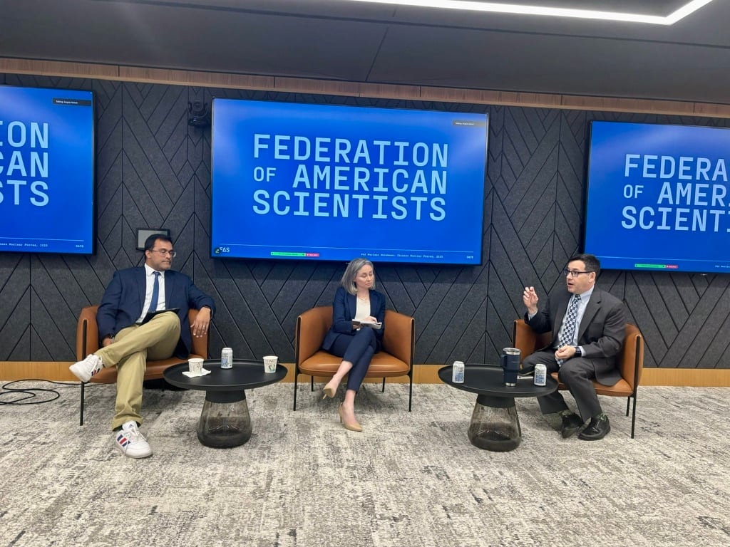 Three panelists discuss at a Federation of American Scientists event.