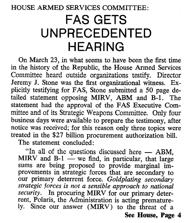 Text about a House Armed Services Committee hearing where FAS testified against MIRV, ABM, B-1.