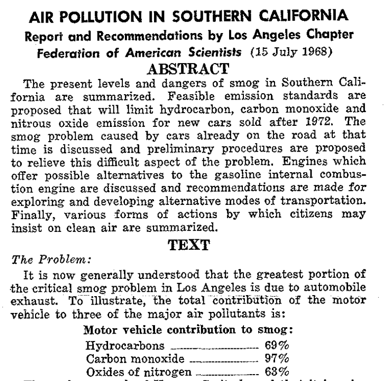 1968 report abstract on Southern California air pollution, showing vehicle emissions percentages.