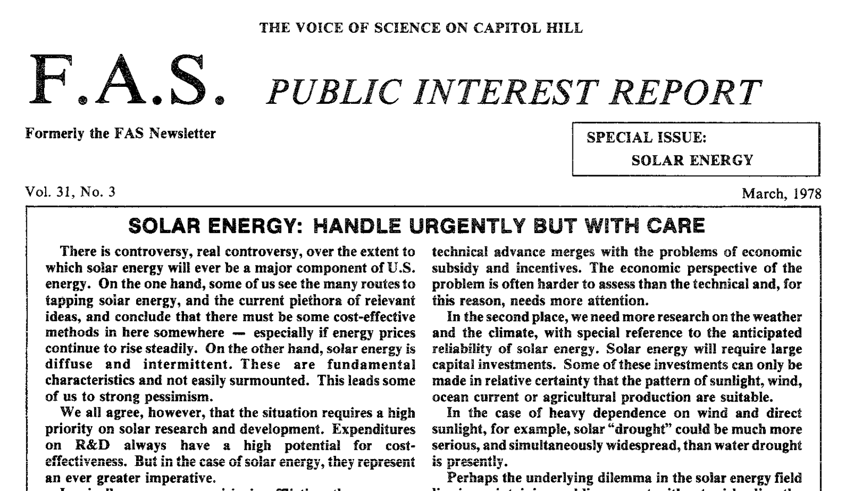 March 1978 F.A.S. report: "SOLAR ENERGY: HANDLE URGENTLY BUT WITH CARE."