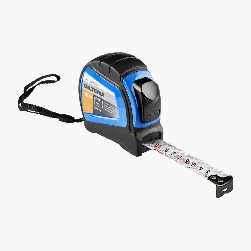 A blue and black BILTEMAs 10m tape measure with an extended metallic tape, 25mm wide, and a wrist strap.