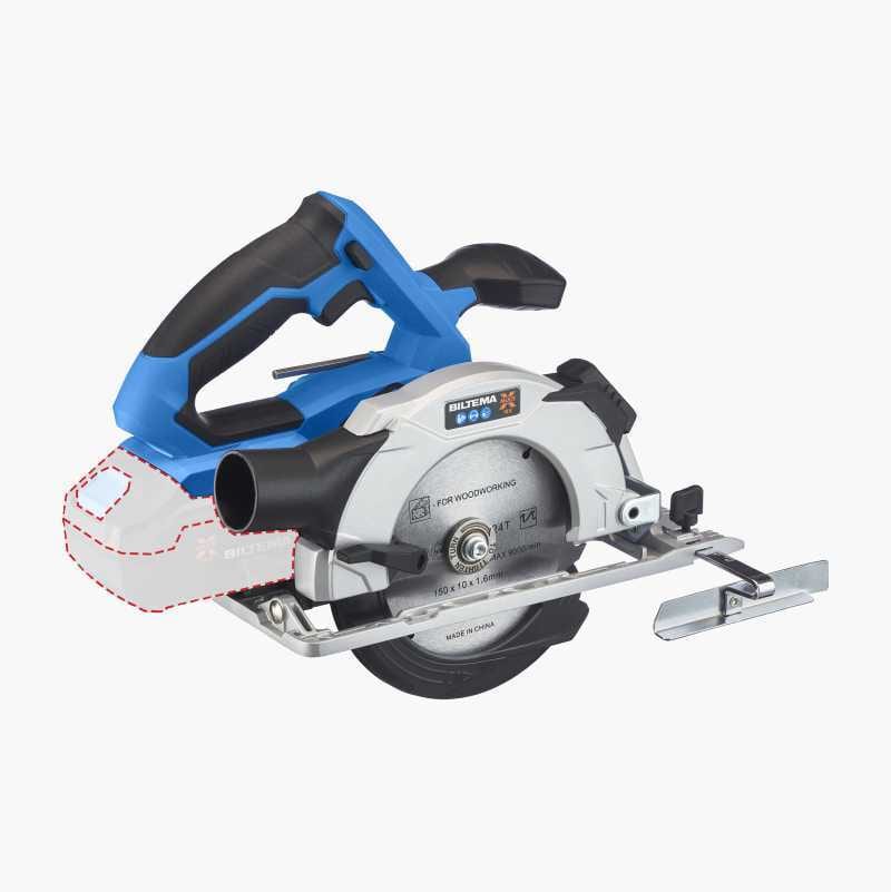 Cordless circular saw, blue and silver, with blade, shown without its battery.