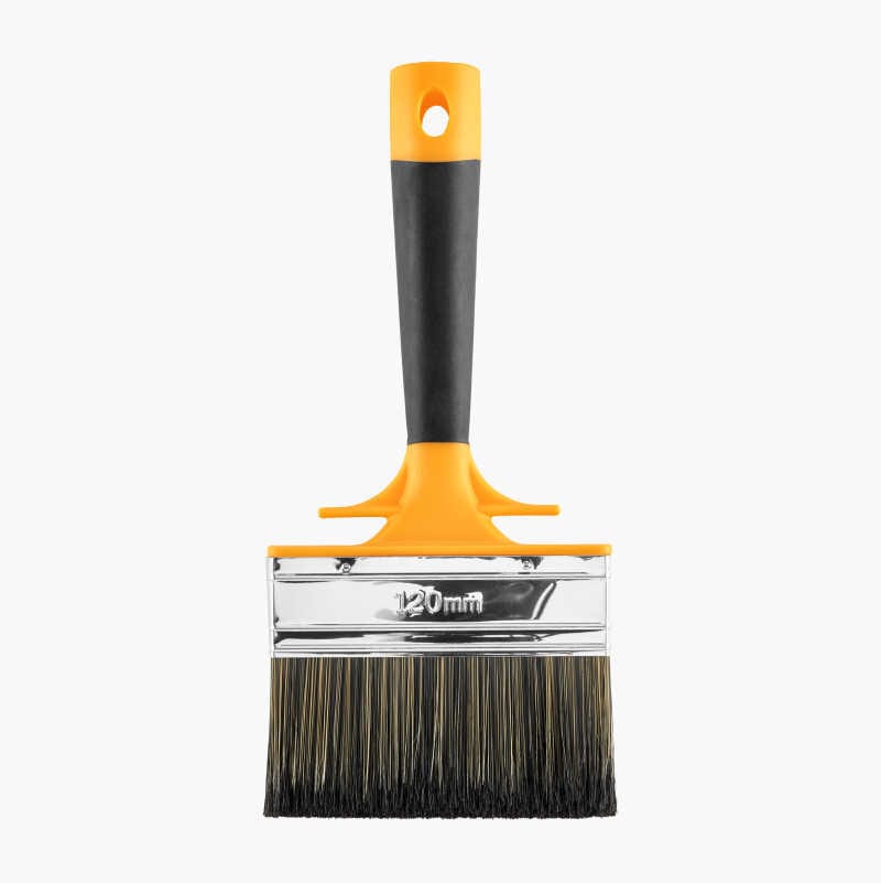 A wide paint brush with an orange and black handle, silver ferrule, and black bristles, on a white background.