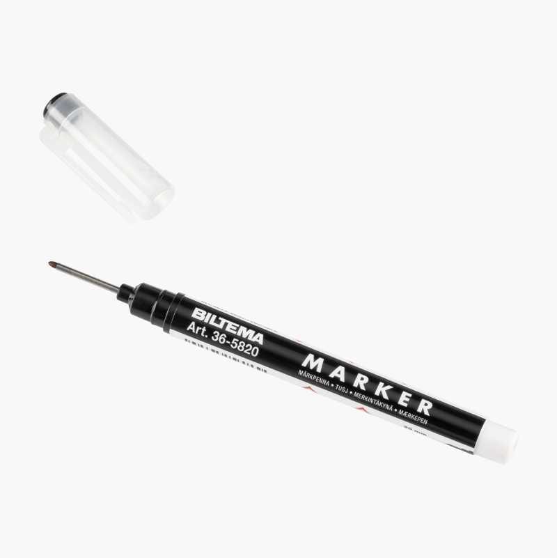 A Biltema marker pen with a clear cap and a fine metal tip, angled on a white background.