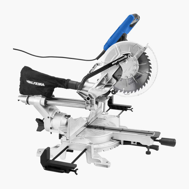 Silver and blue miter saw with a circular blade and dust collection bag.