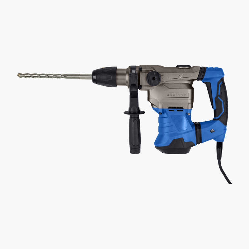 A blue and gray hammer drill with a drill bit, shown against a white background.