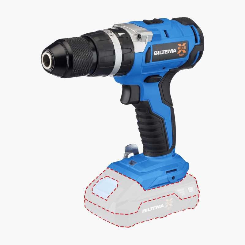 A blue and black cordless drill with a grey battery pack outlined in red dashes.