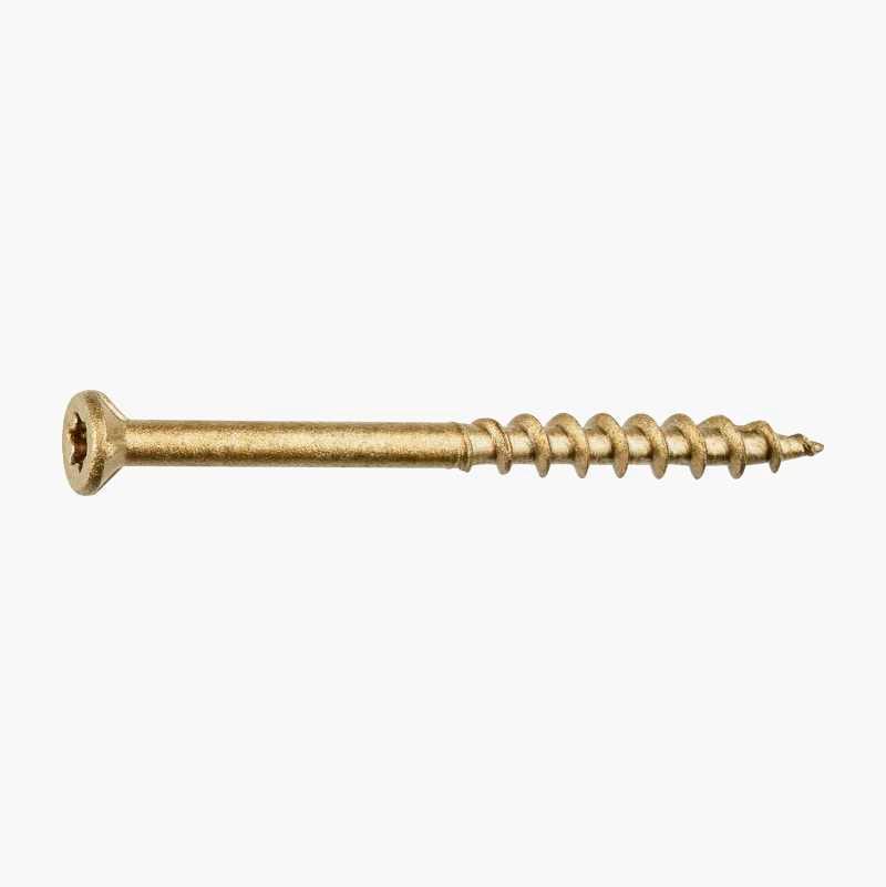 A single brass-colored wood screw with a star-drive head, oriented horizontally on a white background.
