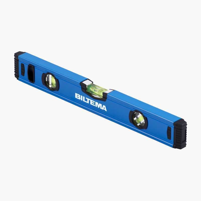 Blue Biltema spirit level for precise horizontal, vertical, and angle measurements.