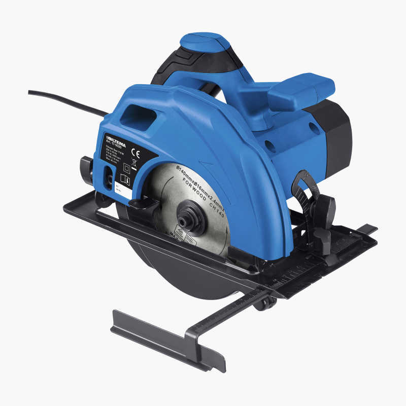 A blue electric circular saw with a visible blade.