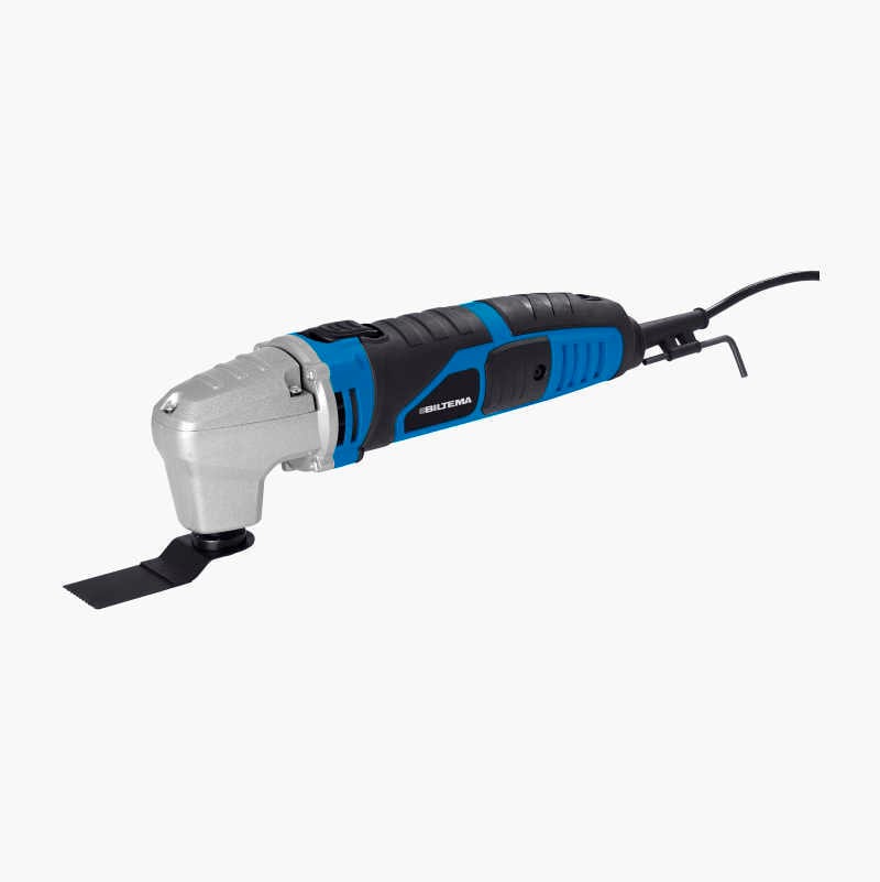 Blue and black oscillating multi-tool with a silver head and a cutting blade, seen at an angle.