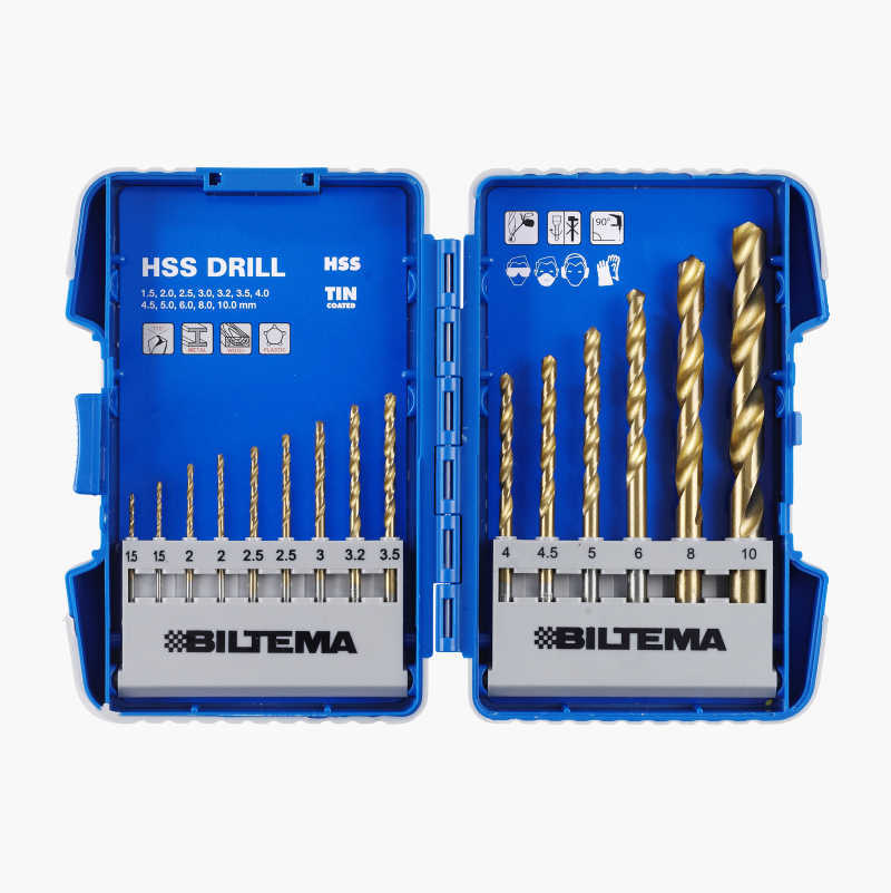 A blue HSS drill bit set with various sizes of gold-colored, titanium-coated bits displayed in an open case.