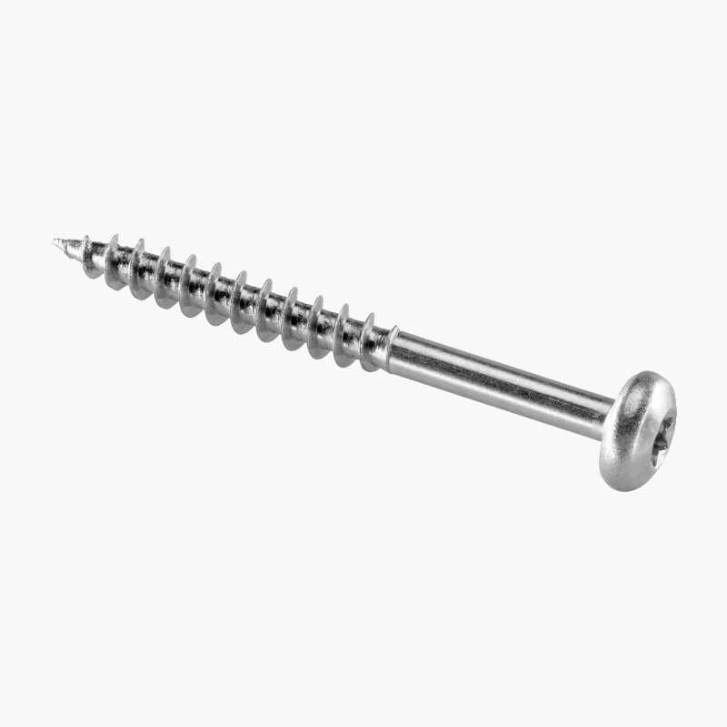 A shiny, silver metallic wood screw with a pointed tip and threaded body, angled slightly on a white background.