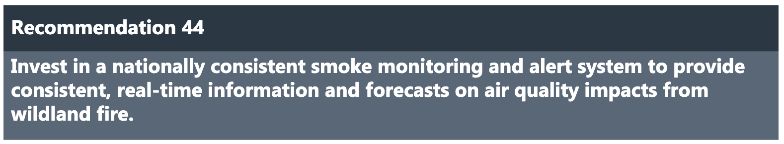 Recommendation 44: Invest in national smoke monitoring for real-time wildland fire air quality info.