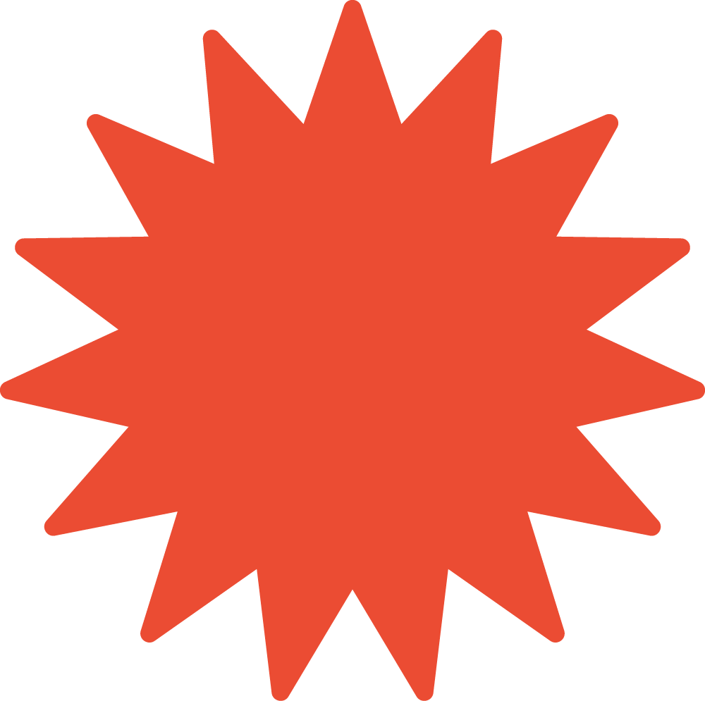 Red jagged starburst on green background.